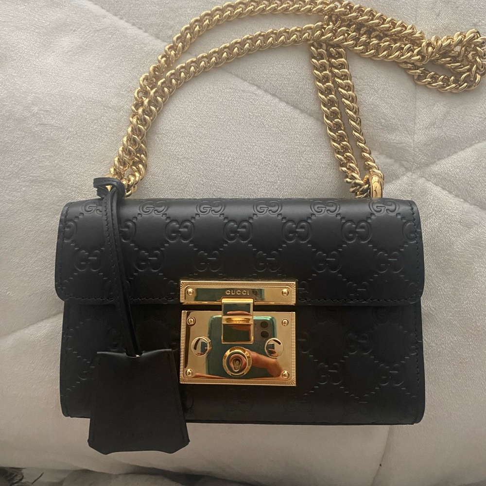 Gucci Black and Gold Crossbody Bag with Monogram Pattern